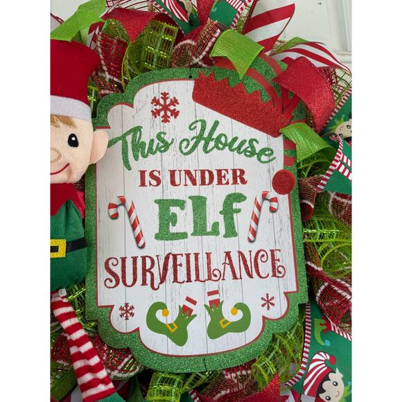 Elf Surveillance Christmas Wreath | Fun Elf Holiday Door Hanger Fireplace Decor - Picture 3 of 9
